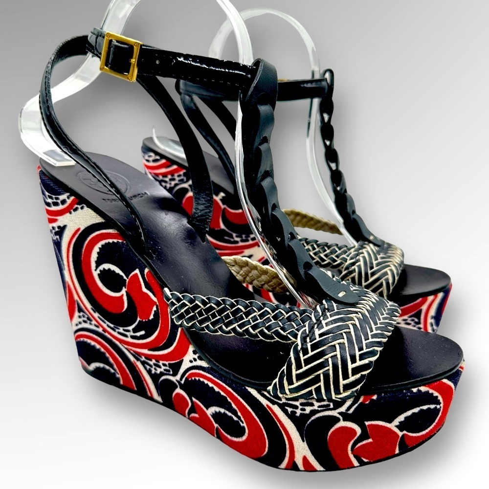 Tory Burch Black, Red & White Patterned Wedge Sandals